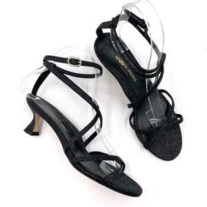 Marion Parke Raina Glitter Sandal Black Leather Kitten heels Strappy Sz 37 / 6.5